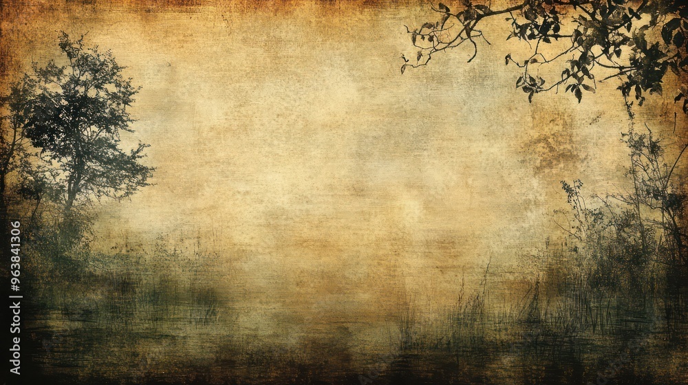 Poster a tree is in the foreground of a blurry, grainy background. the image has a nostalgic, sepia-toned f