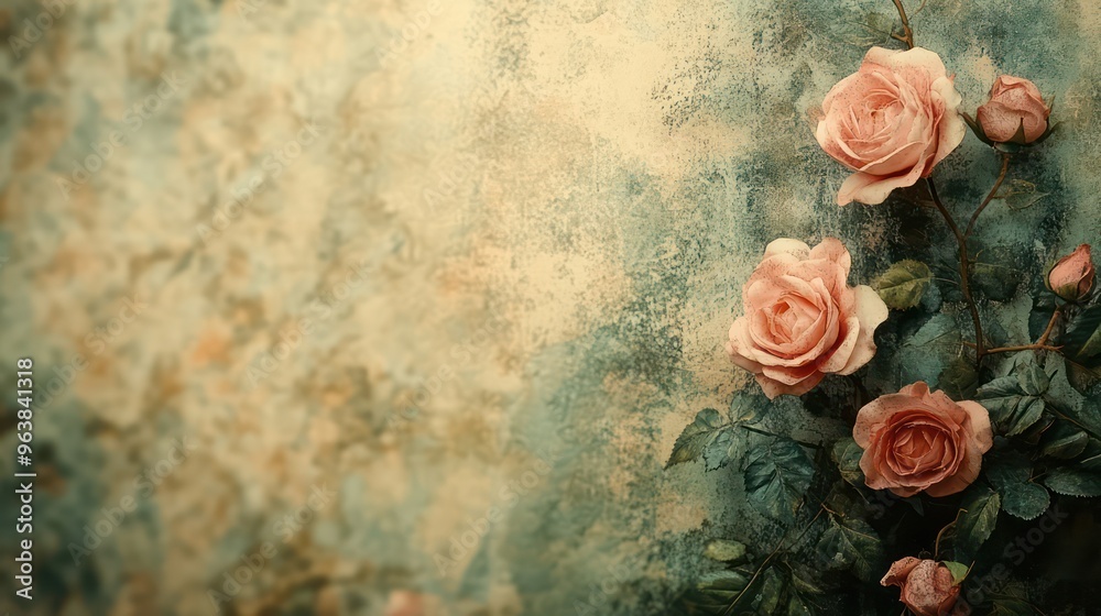 Poster a close up of three pink roses on a wall. the roses are in full bloom and the background is a light 