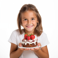 8 year old blonde girl with chocolate cake decorated with strawberries in her hand isolated on white background.