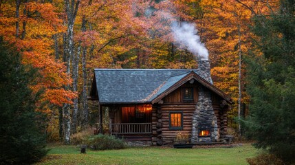 Cozy Log Cabin with Smoke Rising from the Chimney in Autumn Forest