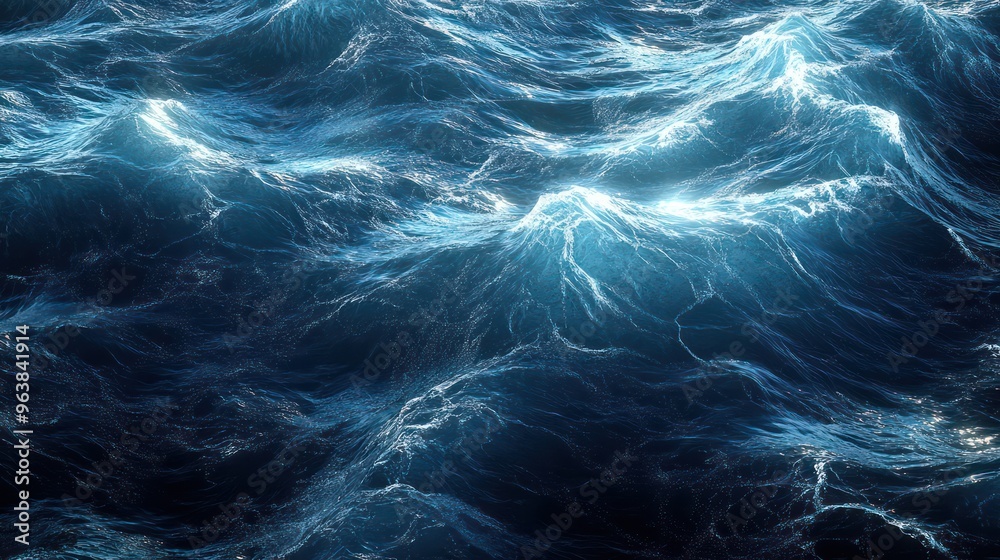 Poster the image is of a large body of water with waves crashing against the shore. the water is a deep blu