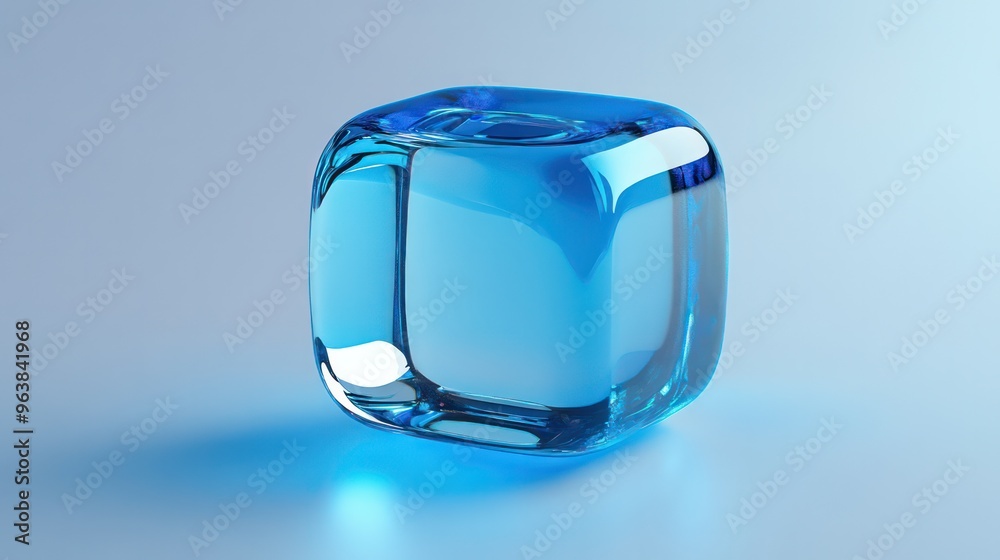 Poster a blue cube made of glass sits on a white background. the cube is clear and has a smooth surface
