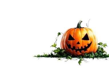 Obraz premium Jacko lantern clipart, Halloween decor element, watercolor illustration, sharp outlines, carved pumpkin with candle, isolated on white background