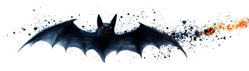 Fototapeta premium Halloween bat clipart, spooky element, watercolor illustration, defined edges, black flying bat, isolated on white background