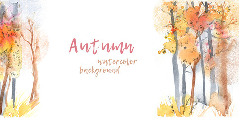 Autumn trees in the park, forest, watercolor illustration, panorama, banner. Autumn garden, forest for design, text. A creative, stylish text banner with an autumn forest.