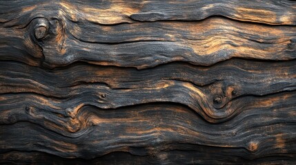 A piece of wood with a dark brown color and a grainy texture. The wood appears to be old and weathered, with a few burn marks visible. Scene is one of rustic charm
