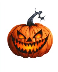 Fototapeta premium Grinning pumpkin clipart, Halloween decor element, watercolor illustration, sharp outlines, carved pumpkin with glowing grin, isolated on white background