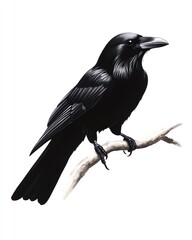 Obraz premium Halloween raven clipart, spooky bird element, watercolor illustration, crisp details, black raven perched on branch, isolated on white background