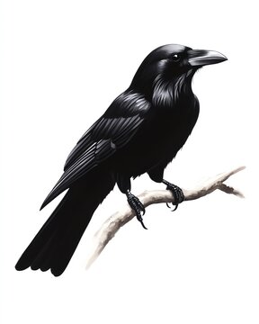 recommend clip art: Halloween raven clipart, spooky bird element, watercolor illustration, crisp details, black raven perched on branch, isolated on white background