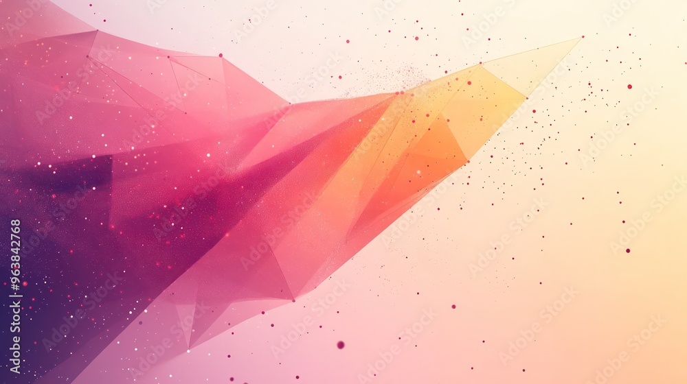 Leinwandbilder A colorful abstract image with a pink and orange triangle in the middle. The triangle is surrounded by a lot of small dots, giving the impression of a flying object. The image has a playful