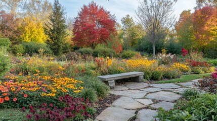Naklejka premium Stone Bench in Autumnal Garden with Blooming Flowers and Trees