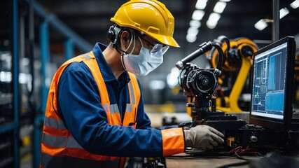 Fototapeta premium 自動化工場でリアルタイム監視システムを駆使するエンジニアマネージャーとロボットのデジタル操作