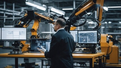 Fototapeta premium リアルタイム監視システムを使い、インテリジェント工場で自動化ロボットを制御するエンジニアの作業風景