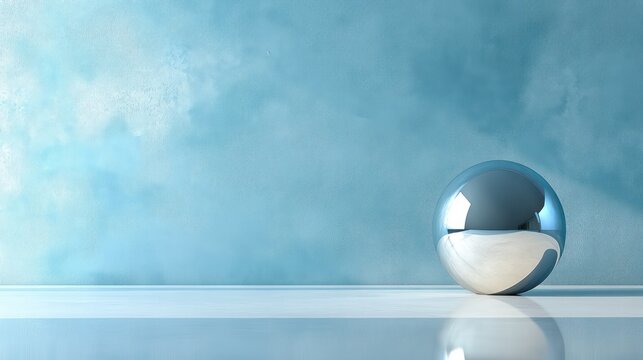 A silver ball sits on a white surface in front of a blue wall. The ball is reflecting the light, creating a sense of depth and dimension