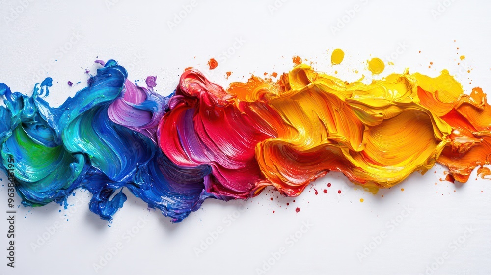 Poster a colorful paint splatter with a rainbow stripe. the colors are bright and vibrant, creating a sense