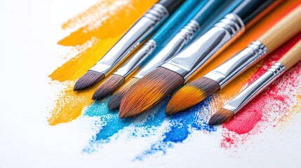 Obraz premium A row of paintbrushes with different colors and sizes. The brush strokes are splattered across the canvas, creating a colorful and dynamic scene. Concept of creativity and artistic expression