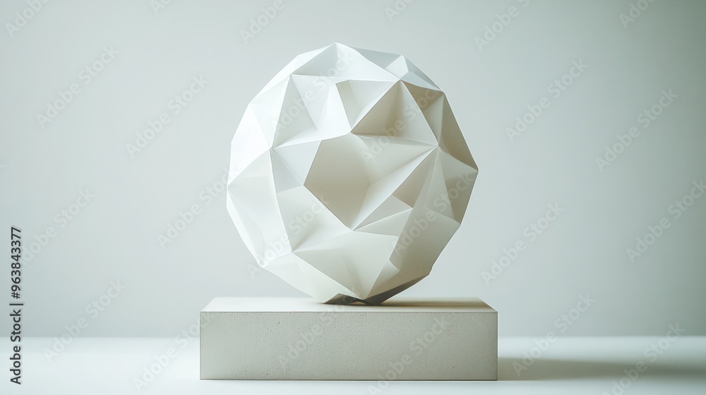 Poster a white paper ball is sitting on a white pedestal. the ball is made of paper and has a unique shape.