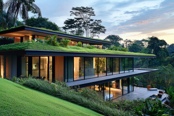 A modern house with green roofing, surrounded by lush vegetation and a scenic view, showcasing sustainable architecture.