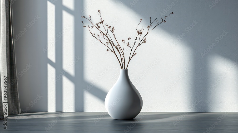Poster a white vase with a few branches in it sits on a wooden floor. the room is empty and the vase is the