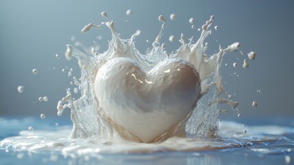 Obraz premium 3d milk splash in the shape of a heart valentines day romantic symbol liqui3d clip art isolate3d on blue backgroun3d white paint splashing