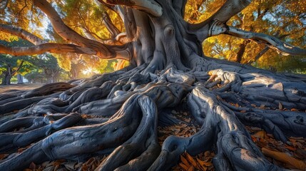 A massive tree with sprawling roots reaching out in a network of gnarled branches. The sunlight shines through the leaves, casting a warm glow on the scene.