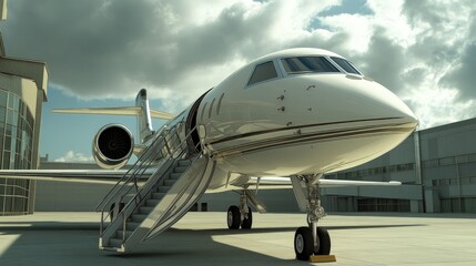 Obraz premium A luxury private jet awaits at the terminal, with stairs down and ready for passengers to board in style.