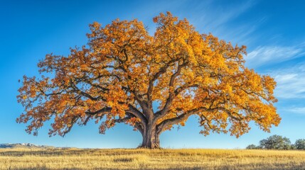 Fototapeta premium A lone oak tree with vibrant autumn foliage against a bright blue sky