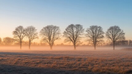 Fototapeta premium Silhouetted Trees in a Foggy Meadow at Sunrise