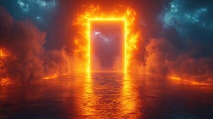 Fototapeta premium 3d abstract backgroun3d bright yellow neon light shining out of the tight vertical slot in the wall magical tunnel entrance window cave door portal dramatic scene minimal concept