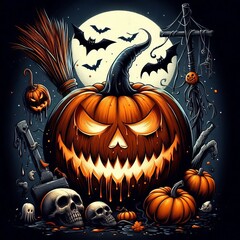 a large glowing pumpkin, surrounded by flying bats in the night sky The scene captures the spooky autumn atmosphere with a dark and eerie 