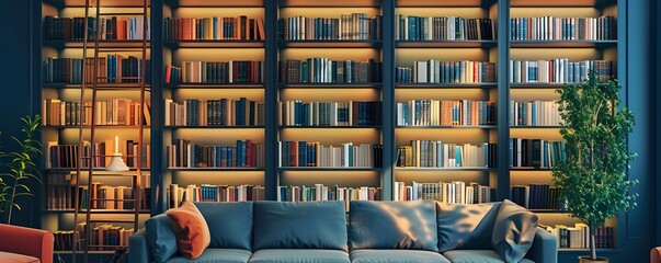 A Blue Sofa Facing a Bookshelf Filled with Books in a Cozy Room