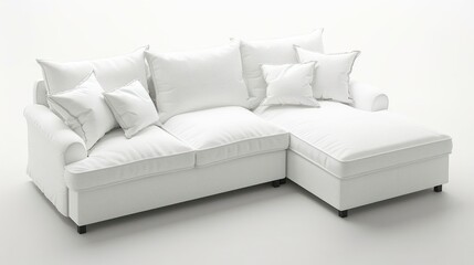 Naklejka premium A white sectional sofa with five pillows, isolated on a white background.