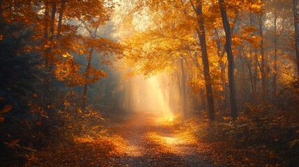 Fototapeta premium Sunlit Path Through Misty Autumn Forest