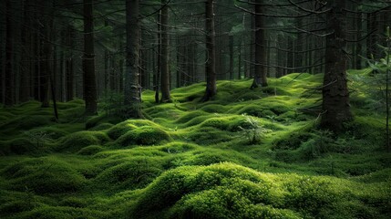 Lush green moss carpet covers the forest floor with tall pine trees surrounding it.