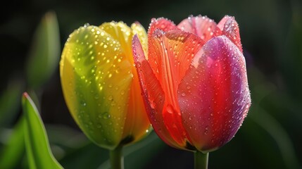 Two colorful tulips with dew drops.