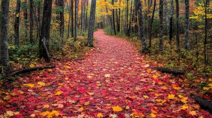 A winding path through a forest blanketed in autumn leaves