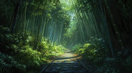 Fototapeta premium A narrow trail winds through a lush bamboo grove, offering a calm and enigmatic journey into nature.