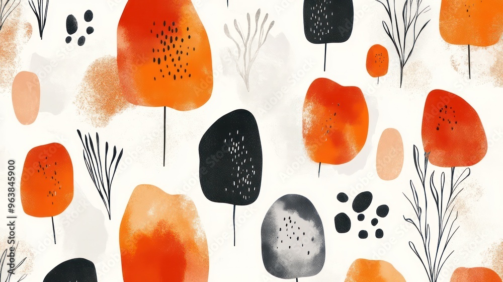 Poster A painting of trees and other objects with a lot of detail. The painting is full of color and has a lot of texture. The trees are orange and black