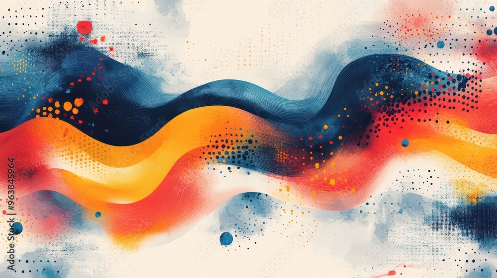 Poster a colorful wave with splatters of paint. the colors are red, yellow, and blue. the splatters of pain