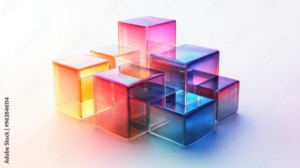 Poster A colorful stack of cubes with a white background. The cubes are made of glass and are arranged in a pyramid shape. The colors of the cubes are red, blue, and yellow