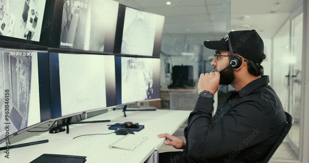 Fototapete security guard, safety and microphone with man in control room for surveillance management, evacuati