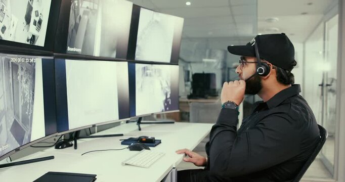 Security guard, safety and microphone with man in control room for surveillance management, evacuation protocol and monitor system. Inspection, technology and computer screen with person in office