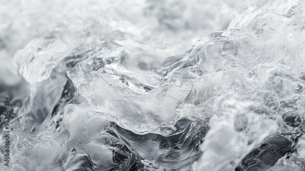 Poster A wave of ice in the ocean. The ice is white and he is moving, creating a sense of motion and energy. The scene evokes a feeling of coldness and power, as the ice wave crashes against the shore