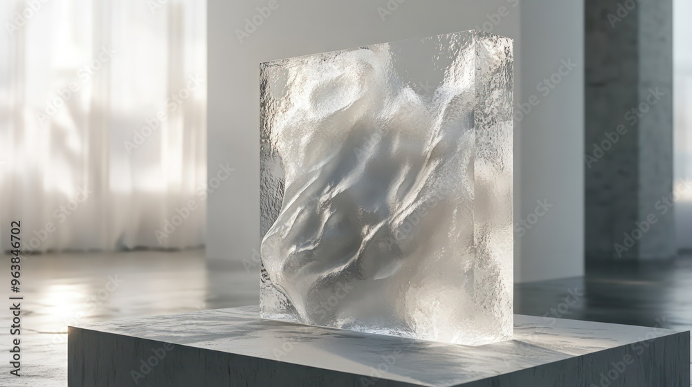 Poster a sculpture of a wave made of ice is displayed in a room with white walls. the sculpture is placed o
