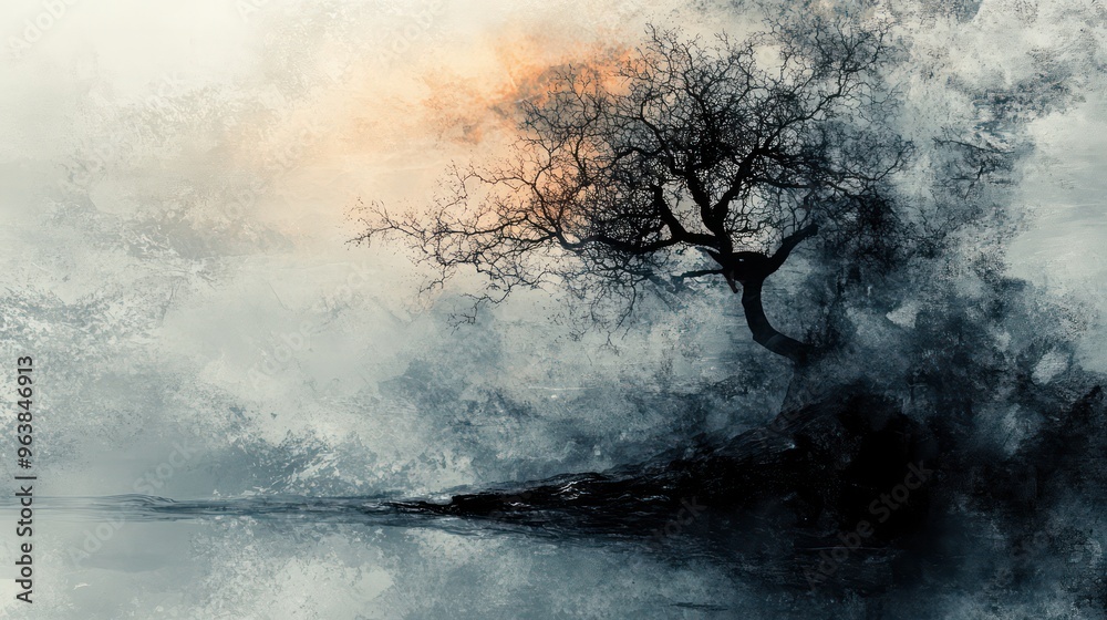 Aufkleber a tree is the main focus of this painting, which is a dark and moody scene. the tree is surrounded b