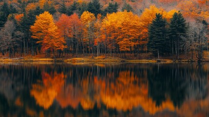Obraz premium Autumn Trees Reflected in Still Water