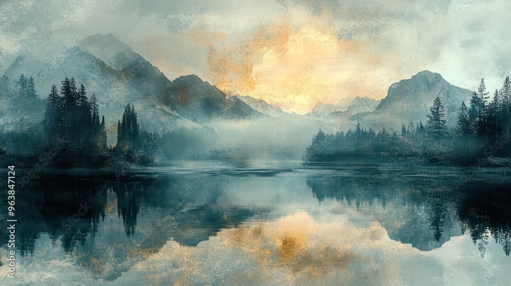 Poster a painting of a mountain range with a lake in the foreground. the sky is cloudy and the sun is setti