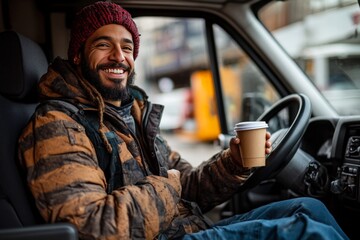 Fototapeta premium a driver enjoying a coffee break inside a delivery van. The driver is seated in the driver s seat with a coffee cup in hand, smiling and relaxed. The van s interior.