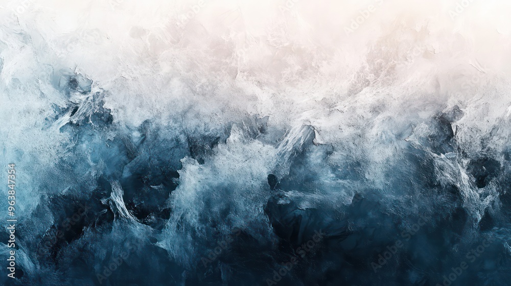 Poster a wave crashing on a rocky shore. the colors are mostly blue and white, with some splashes of red an