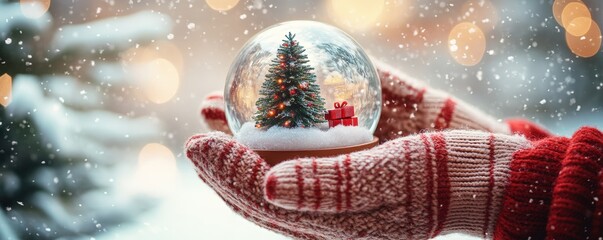 Two hands wearing knitted gloves holding a snow globe with a Christmas tree inside, snowy background full of holiday cheer.